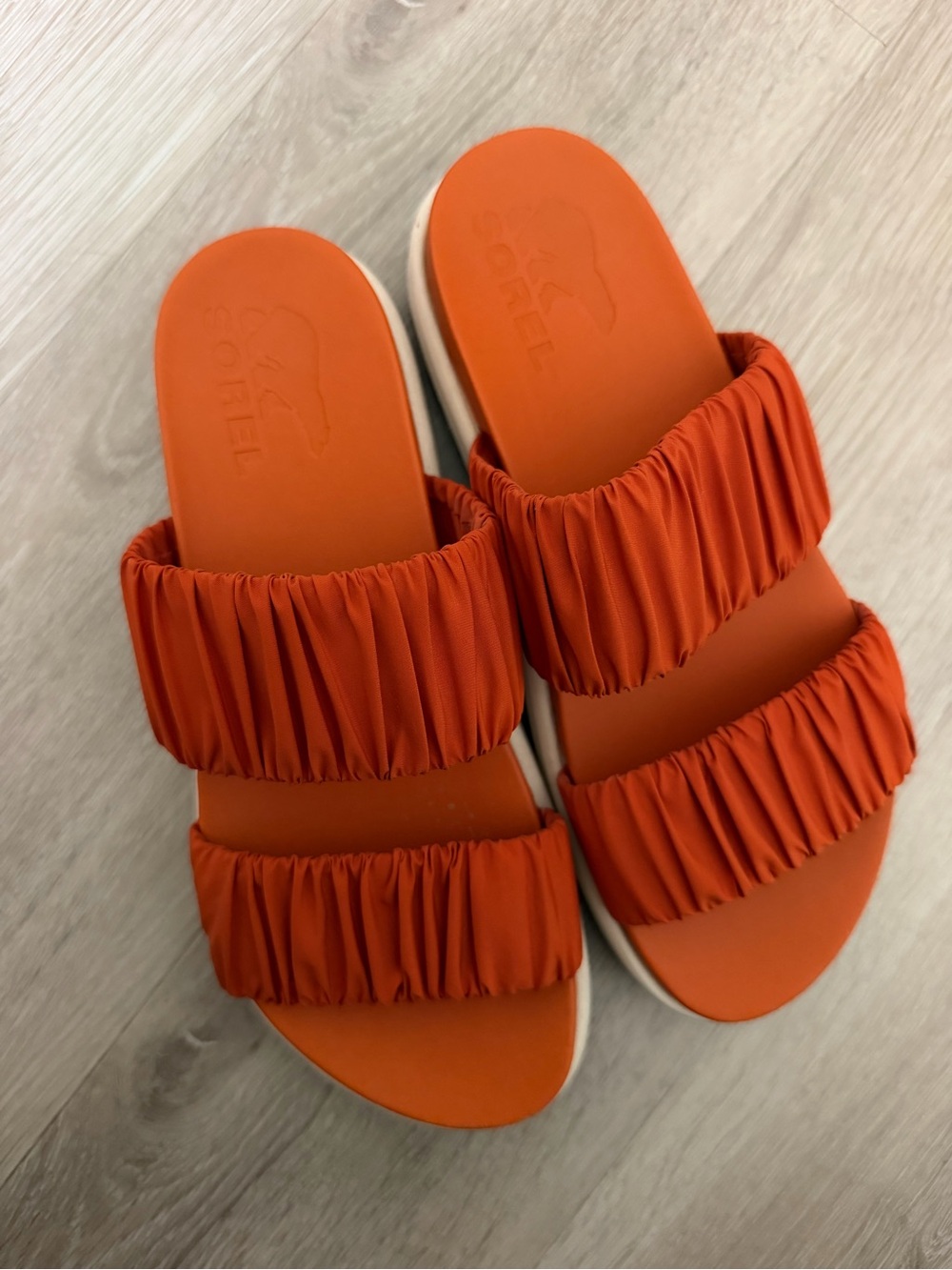 SOREL Women's Slide Sandals with Dual Ruched Straps - Burnt Orange